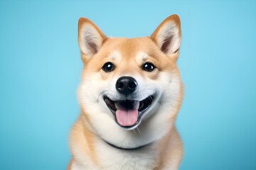 Portrait of shiba inu dog on blue background.