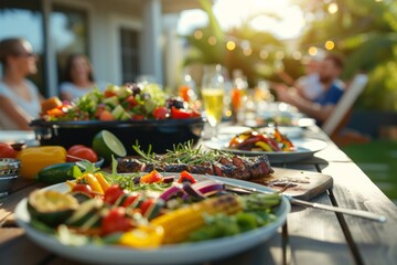 Outdoors Dinner Table with Gorgeous-Looking Barbecue Meat, Fresh Vegetables and Salads. Blurred Joyful People Celebrating in the Background. AI generative