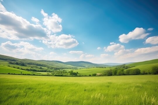 landscape view of rolling green hills on a bright sunny day with copyspace