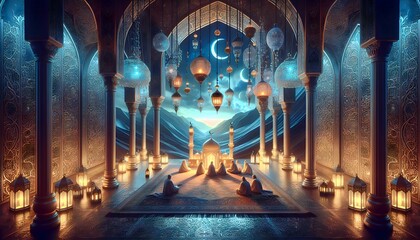 Obraz premium Ramadan Kareem vector card with 3d golden metal crescent, hanging stars, paper cut clouds, mosque. Arabic style arch with traditional pattern. Copy space. 