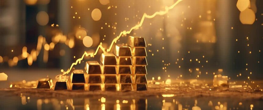 Gold bars in a pyramid arrangement catch fire, surging prices in a volatile market. Rising gold prices, concept of inflation.