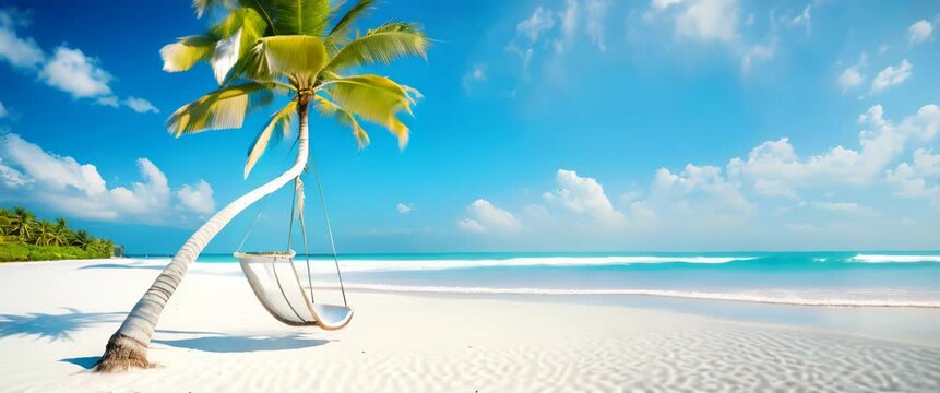 A hammock tied to a curved palm tree invites relaxation on a sunlit white sand beach in the Maldives, framed by a vivid blue sky. Pristine ocean with endless horizon. Serene background.