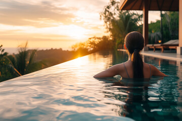 back view A portrait depicts a woman in a state of utter relaxation by the pool,