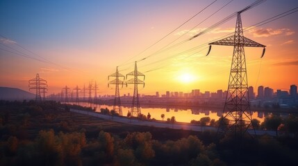 Silhouette of High voltage electric tower on sunset background.