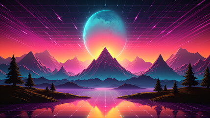 Beautiful mountain range landscape with a sunset. 80s Retro wave themed background