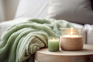 Room with green blanket and candles close-up
Generation AI