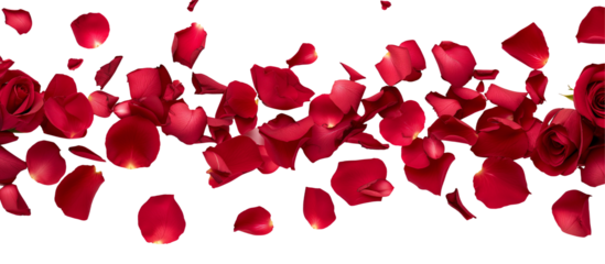 strip of scattered red rose petals, isolated on transparent background