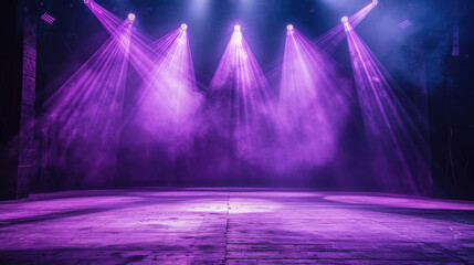 Free stage with lights and smoke, Empty stage with purple spotlights, conser, show, party, Presentation concept. purple violet spotlight strike on black background. banner design
 - obrazy, fototapety, plakaty
