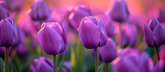 A field is bedecked with beautiful purple tulips, a type of flowering plant from the iris family, known for its captivating magenta petals. - obrazy, fototapety, plakaty