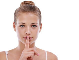 Woman, portrait and shush for privacy in studio, quiet and confidential information or news. Female...