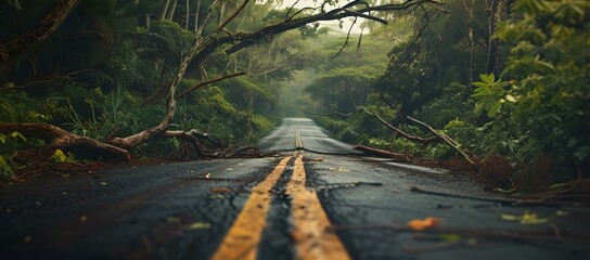 Serene abandoned road in a lush green forest. evocative of solitude and adventure. perfect for nature themes and mystery settings. AI