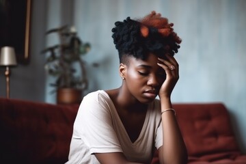 stress, anxiety and portrait of a black woman feeling suicidal and mental health at home - obrazy, fototapety, plakaty