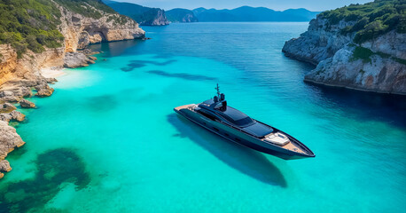 yacht de luxe qui accoste sur une plage paradisiaque avec eaux turquoises et palmiers - vue aérienne - obrazy, fototapety, plakaty