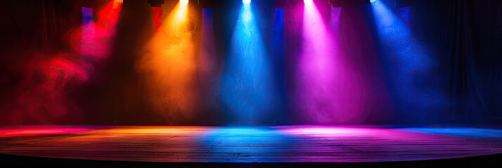 Free stage with lights and smoke, Empty stage with colorful spotlights, conser, show, party, Presentation concept. multi color spotlight strike on black backgroun, rainbow,purple red, blue, green
