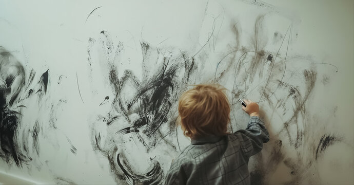 un enfant en train de dessiner sur le mur du salon avec un feutre