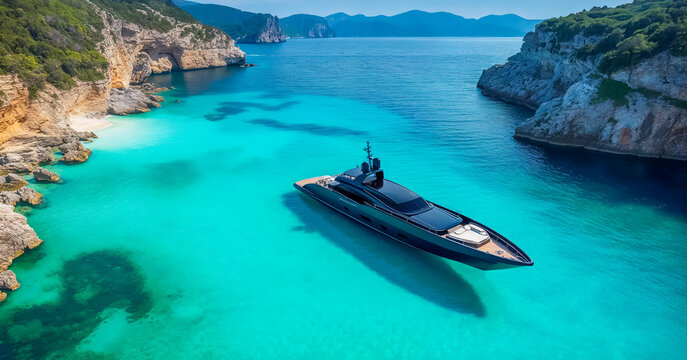 yacht de luxe qui accoste sur une plage paradisiaque avec eaux turquoises et palmiers - vue a&eacute;rienne