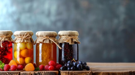Fototapeta na wymiar Simple setups featuring jars filled with assorted jams, adding a touch of tranquility.