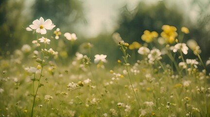 Wild blooming summer meadow in the wind.