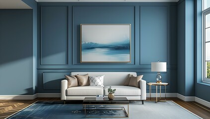 Elegant modern living room with blue walls and minimalist design. stylish interior decor concept with comfort in mind. AI