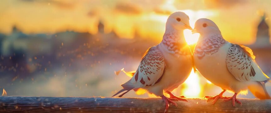 Sunset Serenade: Lovebirds Whisper and kiss in the Golden Hour. Two doves create a heart shape with their beaks against the backdrop of a warm sunset, symbol of love and companionship.