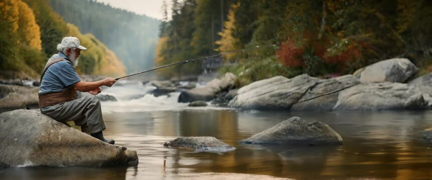 Peaceful Fishing on a Rocky River in Autumn. Senior man at individual fishing surrounded by mountains and autumnal trees