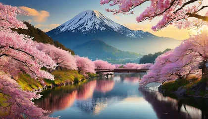 Tuinposter 富士山が見える桜の咲く山 © 美沙 近藤