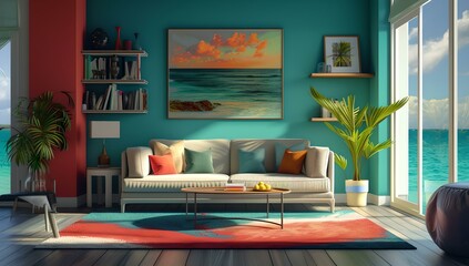 Modern living room with ocean view, vibrant colors, perfect for interior design themes. cozy and stylish space. AI