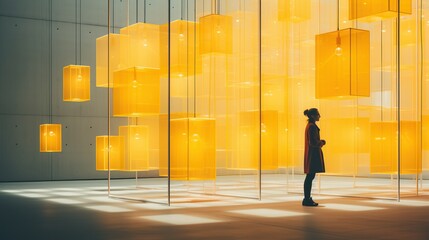 A person contemplates a modern light installation, reflecting on innovation, design, and modern...