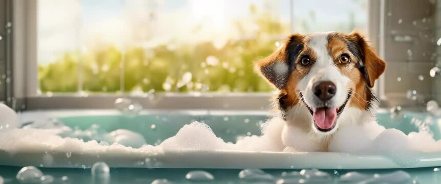 A cheerful dog enjoying a bubble bath with a window view. A happy canine with a bright expression sits in a sudsy tub. Panorama with copy space. National dog day.