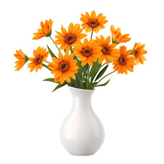 vase with beautiful orange flowers, isolated on transparent background.