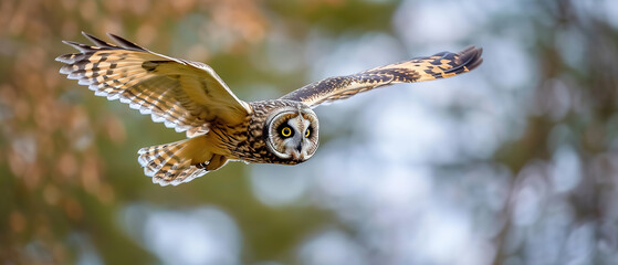 Fototapeta premium Banner of a short eared owl on blured nature background, with empty copy space