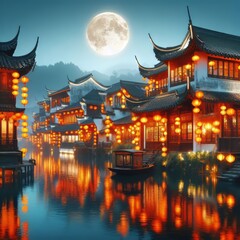 Obraz premium Chinese lake village with beautiful traditional houses decorated for the Chinese Lantern Festival