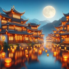 Naklejka premium Chinese lake village with beautiful traditional houses decorated for the Chinese Lantern Festival