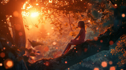 A curious girl sitting near a tree and watching in great awe as the sun rises