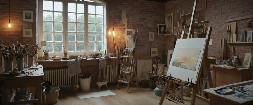 Old European style painters atelier. An artist's atelier, craft room, with brick interior. Canvas, paint brushes, by a window with incoming warm light.