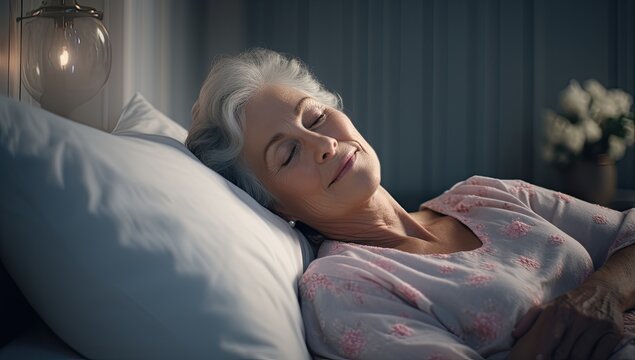 In a tranquil moment of slumber, an older woman rests soundly in bed, her grey hair spread delicately across the pillow, embodying the calm beauty of restful sleep.