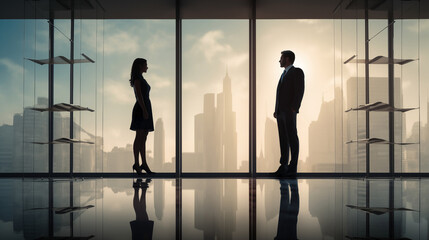 Concept of partnership in business. Young man and woman standing back-to-back with crossed hands against grey background negotiations, office, windows, city background