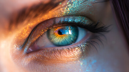 Naklejka premium Nebula Reflections: Close-Up of Female Eye, Realistically Adorned with Rainbow Colors of Cosmic Beauty