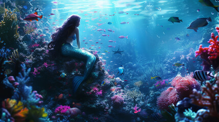 A digital art style portrays a quiet underwater scene featuring a mermaid - obrazy, fototapety, plakaty