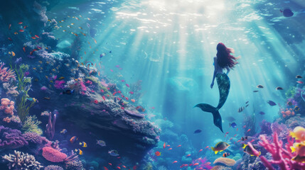 A digital art style portrays a quiet underwater scene featuring a mermaid