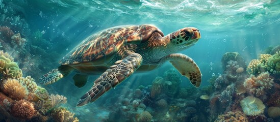 Obraz premium Stunning aquatic scene featuring a reef-dwelling turtle.