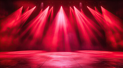 Free stage with lights and smoke, Empty stage with red spotlights, conser, show, party, Presentation concept. Red spotlight strike on black background. banner 
