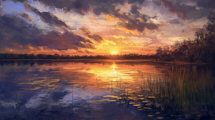 A serene lakeside scene at sunset with visible brushwork. Oil painting