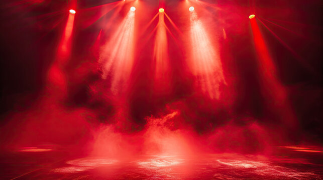 Free stage with lights and smoke, Empty stage with red spotlights, conser, show, party, Presentation concept. Red spotlight strike on black background. banner 
