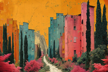 Surreal collage of cityscapes and nature, vibrant colors, album cover art