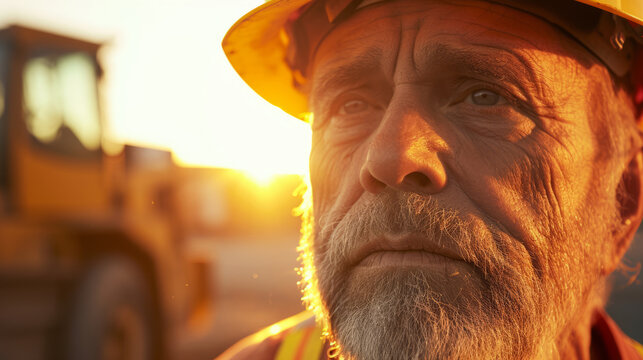 Old construction worker, face illuminated in the golden hour. Close up portrait