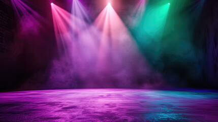 Fototapeta premium Free stage with lights and smoke, Empty stage with red and greenspotlights, conser, show, party, Presentation concept. multi color spotlight strike on black backgroun, 