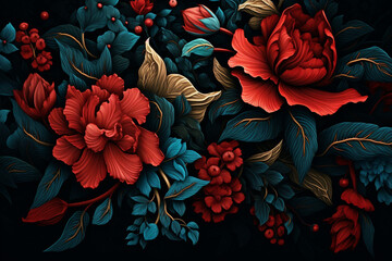 Beautiful flowers bouquet in vintage style  Dark still life composition
Generation AI