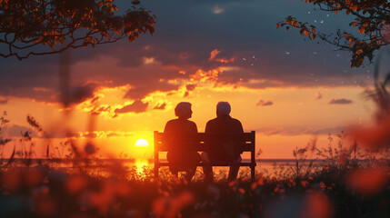 Obraz premium Elderly couple are sitting on bench and looking at beautiful evening sunset, rear view