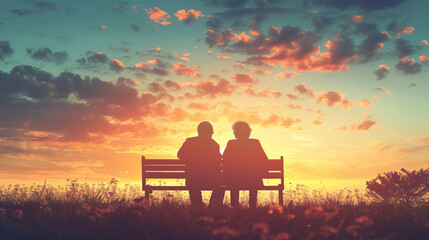 Elderly couple are sitting on bench and looking at beautiful evening sunset, rear view - obrazy, fototapety, plakaty
